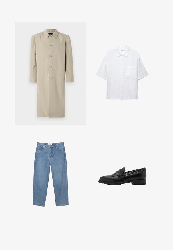 Palton bej, realizat dintr-un material neted și ușor. Are o guleră, închidere frontală cu butoane și mâneci lungi cu tăietură dreaptă.; Cămașă albă cu mânecă scurtă, cu închidere butonată în față, guler și un singur buzunar pe piept. Confecționată dintr-un material ușor, cu o textură netedă.; Jeans din denim albastru deschis, cu croială dreaptă, design cu cinci buzunare și o etichetă de brand vizibilă la talie.; Loafers negri din piele cu vârf brodat și toc plat. Textură netedă, cu vârf rotund și o curea decorativă pe instep.