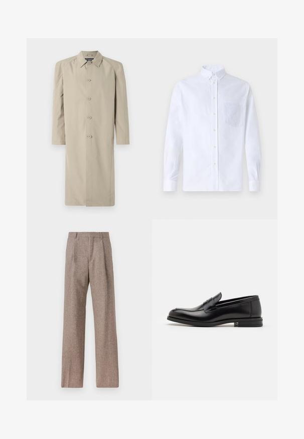 Bežna trenč jakna izdelana iz gladkega, lahkega blaga. Ima ovratnik, sprednje zapiranje na gumbe in dolge rokave s ravnim krojem.; Bela dolgo rukava srajca s kragnico, izdelana iz bombaža, z žepom na prsih in toniranimi vezeninami ter gumbi na manšetah.; Rjave hlače z visokim pasom, izdelane iz teksturirane tkanine. Imajo široke noge in dve sprednji pregibi za strukturo. Urejen zaključek brez vidne strojne opreme.; Črne usnjene loafer čevlje z gladko teksturo, zaobljenim nosom in dekorativnim trakom čez zgornji del. Nizka zložena peta, minimalističen dizajn.