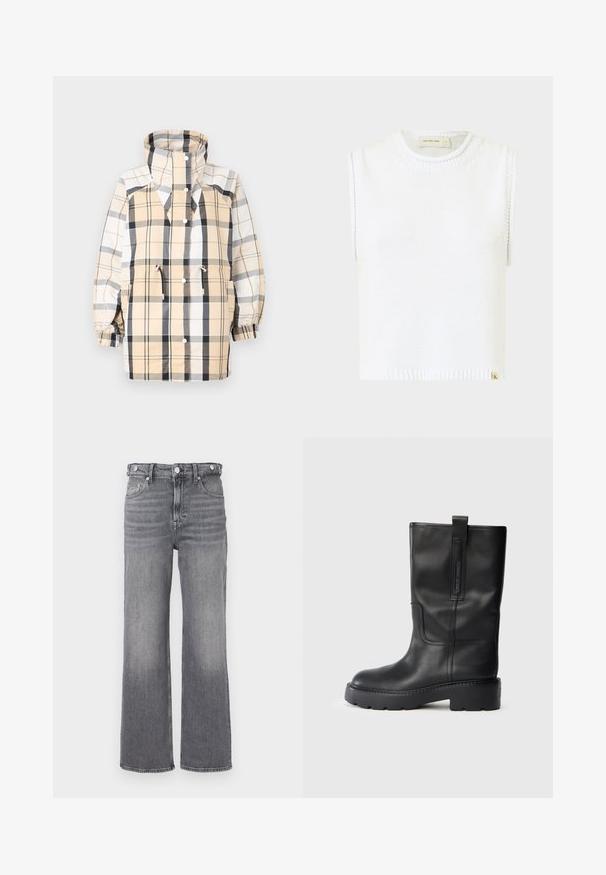 Beige plaid jacket with a high collar, snap buttons, elastic cuffs, and adjustable drawstring at the waist. Features varying grid patterns.; White sleeveless knit top with a round neckline, ribbed hem, and side stitching details; features a small branded tag at the bottom.; High-waisted straight-leg grey denim jeans with fading details and metal button accents on waistband and pockets.; Black leather knee-high boots with a sleek design, featuring a thick sole and a side pull tab for easy wear. Notable stitching accents.