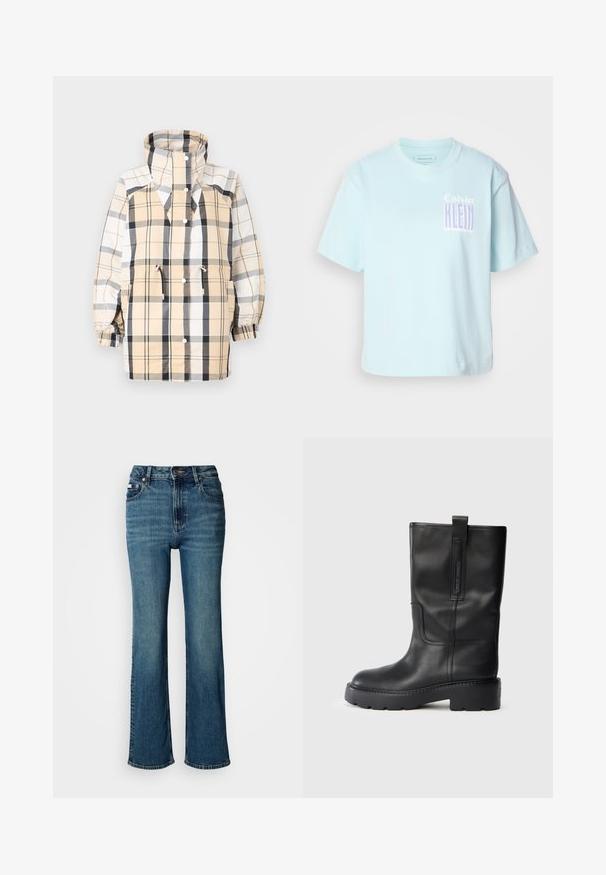 Beżowa kurtka w kratę z wysokim kołnierzem, napami, elastycznymi mankietami oraz regulowanym sznurkiem w pasie. Posiada różnorodne wzory siatki.; Jasnoniebieska bawełniana koszulka z okrągłym dekoltem i krótkimi rękawami. Na przodzie znajduje się graficzny nadruk z napisem "Calvin Klein" w odcieniu purpury.; Jeansy w kolorze niebieskim z wysokim stanem, wykonane z denimu, z prostym krojem nogawki, subtelnym efektem blaknięcia oraz standardowym zapięciem na guzik i zamek błyskawiczny.; Czarne skórzane botki do kolan o eleganckim designie, z grubą podeszwą i boczną pętelką ułatwiającą zakładanie. Zauważalne akcenty w postaci przeszyć.