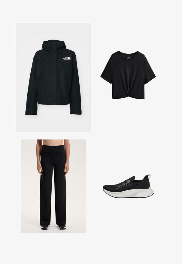 Črna vodoodporna jakna s kapuco, s poškodbami na gumbih, elastičnimi manšetami in belim logotipom na zgornji levi strani. Gladka tekstura.; Črna skrajšana majica s kratkimi rokavi, izdelana iz mehkega blaga, z okroglim izrezom in s spletim detajlom na robu.; Črne široke športne hlače z visokim pasom. Narejene iz gladkega, raztegljivega materiala, z udobnim fitom in rahlo teksturo.; Črne atletske čevlje s teksturiranim zgornjim delom, belim oblazinjenim podplatom in diskretnim logotipom. Imajo zanko za lažje obuvanje in vezalni sistem.