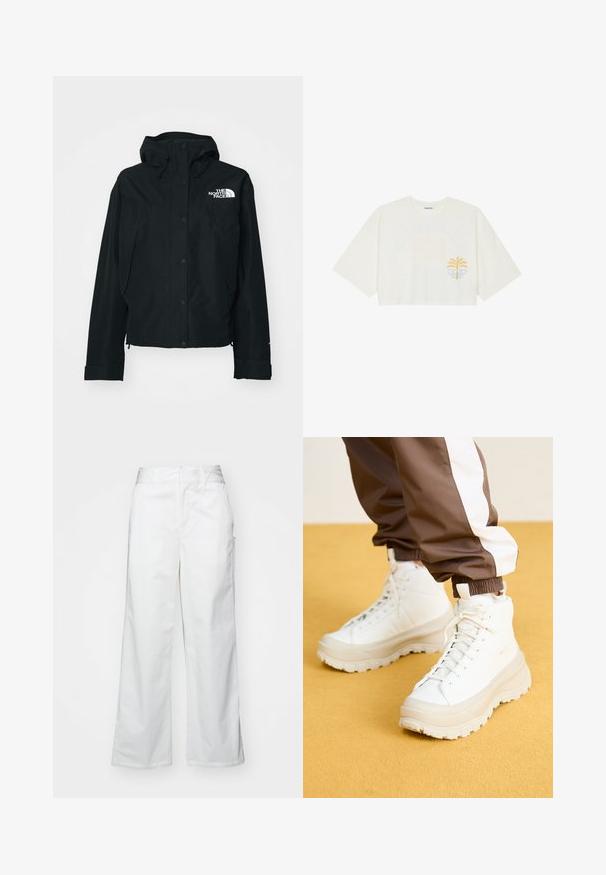 Melna ūdensnecaurlaidīga jaka ar kapuci, kas aprīkota ar pogām ar spiedpogu, elastīgām piedurknēm un baltu logotipu kreisajā augšējā stūrī. Gluda tekstūra.; Izgriezta balta kokvilnas T-krekls ar īsām piedurknēm, ar dzeltenu palmas un zilu viļņu grafiku kreisajā krūtī.; Balti platie kājas bikses no kokvilnas, ar gludu tekstūru, taisnu piegriezumu, priekšējām kabatām un tīru apakšmalu.; Balti augstie kedu ar masīvu, tekstūrētu zoli, gluda augšdaļa, apaļa purngalu un tonālām šņorēm uz dzeltena fona.