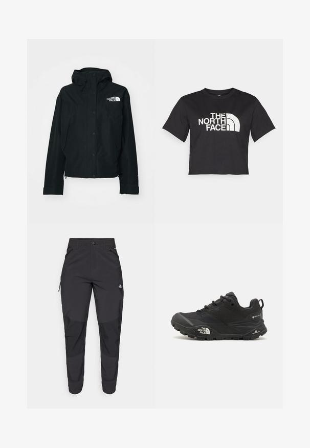 Svart vanntett jakke med hette, med trykknapper, elastiske mansjetter og en hvit logo på øvre venstre side. Glatt tekstur.; Svart avkortet t-skjorte laget av bomull, med et hvitt logo med buede detaljer og teksten "THE NORTH FACE" på forsiden. Korte ermer, rund hals.; Svart utendørsbukser laget av slitesterkt stoff. Har glidelåslommer, forsterkede knær og en rett skjæring for bevegelighet.; Svart tursko med teksturert overdel, snøring og en kraftig gummisåle som har et fremtredende logo på siden og mønster i sålen.