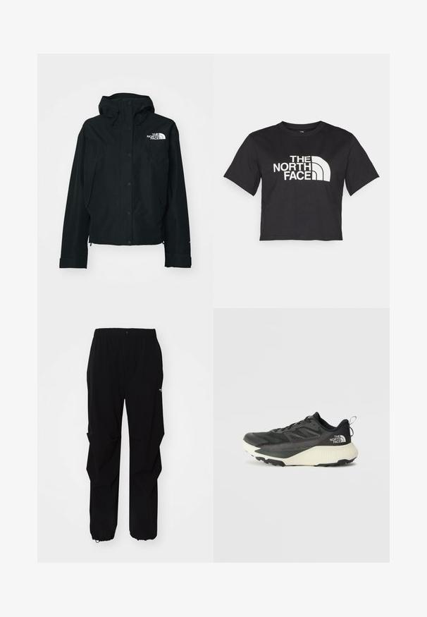 Svart vattentät jacka med huva, som har tryckknappar, elastiska ärmslut och en vit logotyp på övre vänstra sidan. Slät textur.; Svart kortärmad t-shirt i bomull, med en vit logotyp med böjda accenter och texten "THE NORTH FACE" framtill. Kort ärm, rundad hals.; Svarta utomhusbyxor gjorda av slitstarkt material, med en avslappnad passform, elastisk midja och indragna muddar för justerbar längd.; Svart atletisk sko med en texturerad ovandel, med grå accenter och en vit mellanläggssula. Inkluderar en dragtab och en framträdande varumärkeslogotyp på hälen.