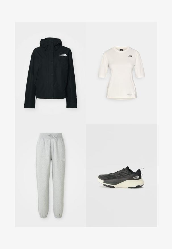 Crna vodootporna jakna s kapuljačom, koja ima dugmad za kopčanje, elastične rukave i bijeli logotip na gornjoj lijevoj strani. Glatka tekstura.; The North Face SHADOW SHORT SLEEVE - Sportska majica - white dune; Sive hlače od trenirke s elastičnim pojasom i vezicom. Tkanina je meka, s elastikom na gležnjevima i logotipom kao akcentom.; Crna atletska cipela s teksturiranim gornjim dijelom, sivim detaljima i bijelim međuslojem. Ima držač i istaknutu marku na peti.