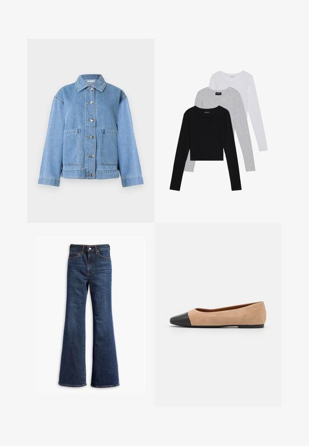 Giacca in denim azzurro chiaro con collo, maniche lunghe, chiusura frontale con bottoni e due grandi tasche frontali su sfondo bianco.; Tre magliette a maniche lunghe impilate: nera, grigia e bianca. Ognuna ha un colletto rotondo e un design accorciato con tessuto morbido e leggero.; Jeans in denim blu scuro a vita alta con gamba a zampa d'elefante, chiusura frontale con bottone e zip, e design a cinque tasche.; Ballerine in suede beige con punta tonda in pelle nera, tacco basso e texture liscia, caratterizzate da cuciture minime e un design pulito.