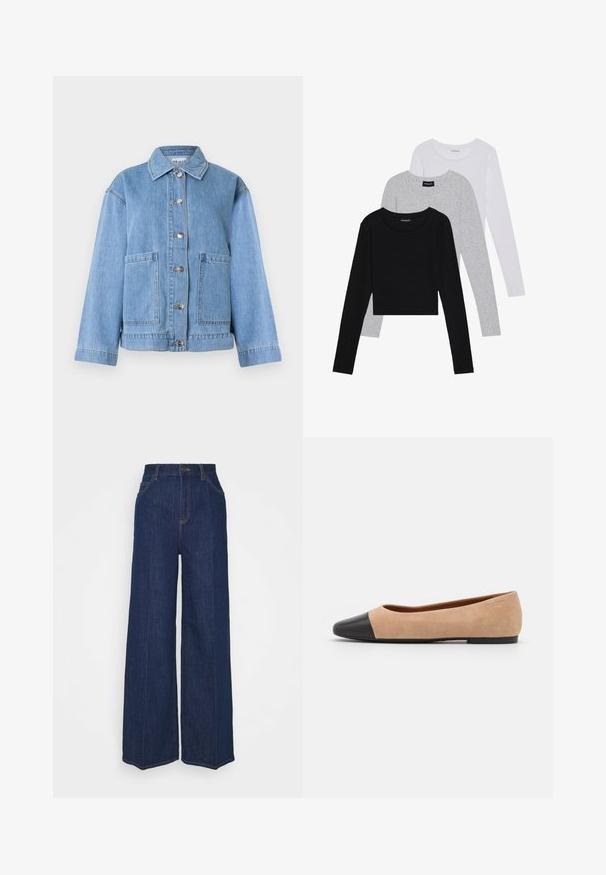 Lichtblauwe spijkerjas met kraag, lange mouwen, knoopsluiting aan de voorkant en twee grote voorzakken tegen een witte achtergrond.; Drie langmouwige tops gestapeld: zwart, grijs en wit. Elke top heeft een ronde halslijn en een cropped ontwerp van soepel, lichtgewicht materiaal.; Hoge taille wijdvallende donkerblauwe denim jeans met voor- en achterzakken, knoopsluiting en zichtbare stikseldetails.; Beige suède ballet flats met een zwarte leren ronde neuskap, lage hak en een gladde textuur, met minimale stiksels en een schone uitstraling.
