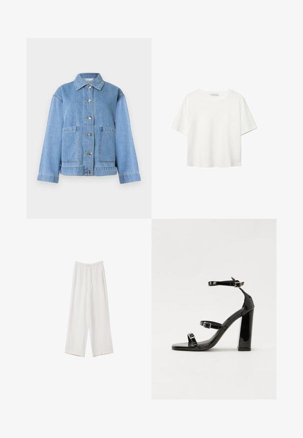 Svetlo modra jeansa jakna z ovratnikom, dolgimi rokavi, sprednjo zaponko na gumbe in dvema velikima sprednjima žepoma na belem ozadju.; Bela kratka majica s kratkimi rokavi iz bombaža. Ima okroglo izrezovanje in sproščen kroj. Gladka tekstura brez vidnih vzorcev ali poudarkov.; Bele široke hlače iz lahkega materiala. Imajo elastičen pas s vrvico in stranske žepe. Gladka tekstura.; Črne lakirane sandale s peto, kvadratnim prstom, trakovi okrog gležnja in srebrnimi zaponkami. Opremljene so s stabilno Debelo peto.