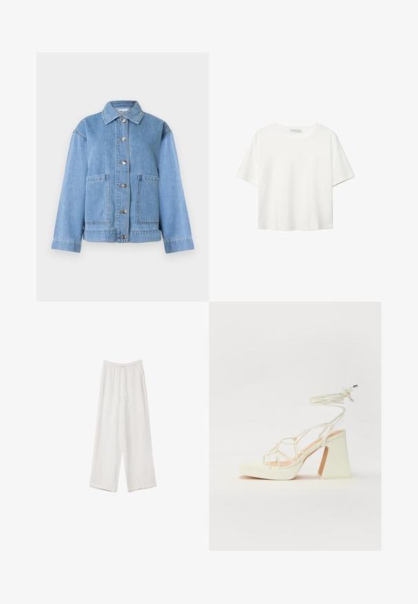 Svijetloplava traper jakna s ovratnikom, dugim rukavima, prednjim zatvaranjem na kopče i dva velika prednja džepa na bijeloj pozadini.; Bijela majica kratkih rukava od pamuka. Ima okrugli izrez i opušteni kroj. Glatka tekstura bez vidljivih uzoraka ili naglasaka.; Bijele hlače širokih nogavica napravljene od lagane tkanine. Imaju elastičan pojas s ušicom i bočne džepove. Glatka tekstura.; Bijela sandala na visokoj potpetici s debelim petom, s remenom i vezanjem oko gležnja. Glatka tekstura s platformom sprijeda za dodatnu visinu.