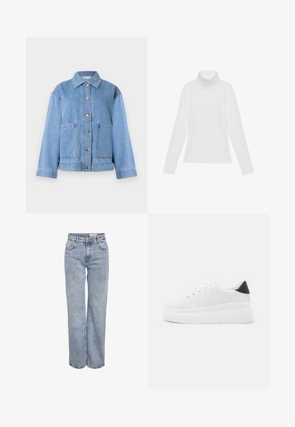 Světlomodrá džínová bunda s límečkem, dlouhými rukávy, zapínáním na knoflíky vpředu a dvěma velkými předními kapsami na bílém pozadí.; Bílý dlouhý rukáv rolák vyrobený z hladkého, elastického materiálu. Má vysoký límec a přiléhavý střih, bez viditelných vzorů nebo ozdob.; Světle modré široké džíny vyrobené z denimové tkaniny, s vysokým pasem, designem se šesti kapsami a jemným zesvětlením pro opotřebovaný vzhled.; Bílé platformové tenisky vyrobené z hladkého syntetického materiálu, s kulatou špičkou, šněrováním a texturovanou gumovou podrážkou. Černý akcent na patě.