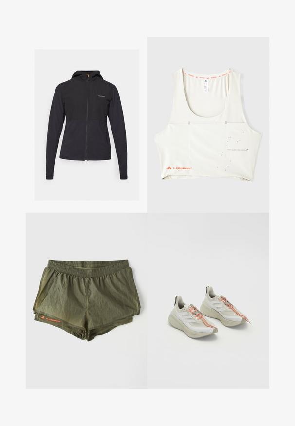 Black zip-up jacket with a hood, featuring a two-tone design, smooth texture, and an embossed logo on the chest area.; White athletic tank top with a scoop neckline, orange branded trim, and metallic print text "run with the mind." Features minimalist design elements.; Olive green athletic shorts with an elastic waistband, inner lining, perforated side panels, and a red logo accent.; Light-colored athletic shoes with a textured white fabric upper, orange laces, and a thick, cushioned sole. Three-stripe design on the side.