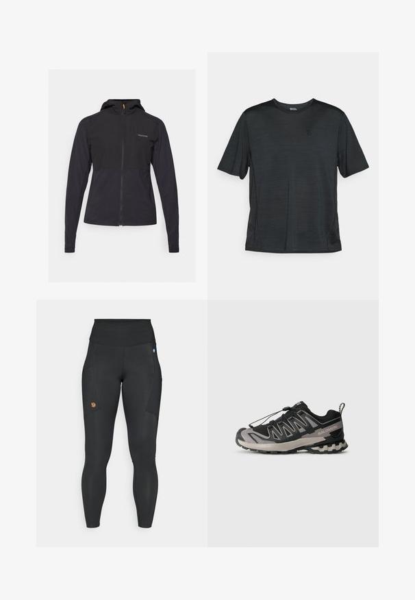 Zwarte ritsjack met een capuchon, met een twee-kleurig ontwerp, een gladde textuur en een reliëflogo op de borst.; Zwart athletic shirt met korte mouwen, gemaakt van lichtgewicht, vochtregulerende stof. Voorzien van een ronde hals en een klein logo op de borst.; Zwarte leggings van rekbaar materiaal met een hoge tailleband, zijzakken en een klein bruin logo op de linker bovenbeen.; Zwart en grijs sportieve schoen met een bovenwerk van mesh, rubberen zool en een elastisch vetersysteem. Heeft een verstevigde neus en textuuraccenten.