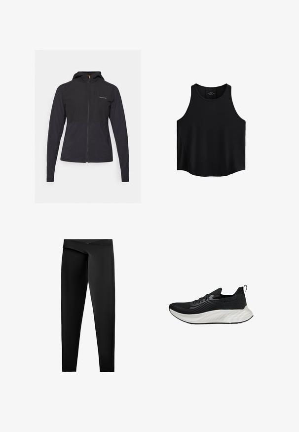 Čierna bunda na zips s kapucňou, s dvojfarebným dizajnom, hladkou textúrou a embosovaným logom na oblasti hrudníka.; Čierny bezrukávový top vyrobený z hladkej látky, s okrúhlym výstrihom, priamym strihom a bočnými panelmi s jemnou textúrou.; Čierne legíny vyrobené z hladkej, elastickej tkaniny. Majú vysoký pás a priliehavý strih so rovnými nohavicami až po členky.; Čierna športová obuv s textúrovaným zvrškom, bielou polstrovanou podrážkou a nenápadným brandingom. Obsahuje pútko a šnurovanie.