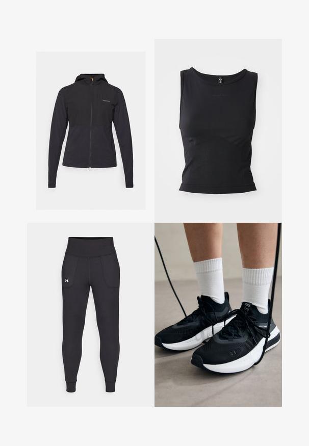 Black zip-up jacket with a hood, featuring a two-tone design, smooth texture, and an embossed logo on the chest area.; Black sleeveless athletic top made from smooth fabric, featuring a rounded neckline and a fitted silhouette with subtle logo detailing.; Black athletic leggings made from stretchy material, featuring a high waistband, side pockets, and fitted cuffs at the ankle.; Black athletic shoes with textured fabric, white sole, and black laces. Worn with white ribbed socks, standing on a light surface.