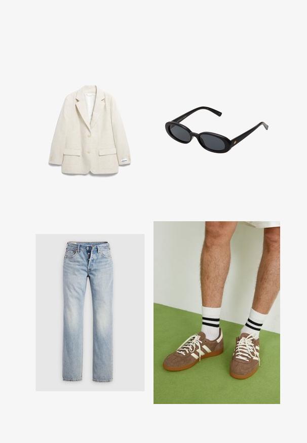 Blazer in lino beige con rever a vista, due tasche frontali e polsini a tre bottoni, con un'etichetta cucita sulla manica.; T-shirt bianca in cotone con maniche corte, scollatura a girocollo e vestibilità rilassata. Texture liscia e design semplice, senza motivi o dettagli.; Jeans in denim blu chiaro con design a gamba dritta, chiusura con cinque bottoni e tasche posteriori con dettagli di cucitura sottili.; Sneaker in suede marrone con dettagli e lacci bianchi. Suola in gomma color gomma. Indossati con calzini bianchi con righe nere. Pavimento verde texturizzato.; Occhiali da sole neri oversize con lenti ovali, montatura in plastica liscia e accenti dorati sulle tempie. Le lenti scure offrono protezione dal sole.; DRAGON DIFFUSION MINI FLAT GORA - Borsa a mano - dark brown