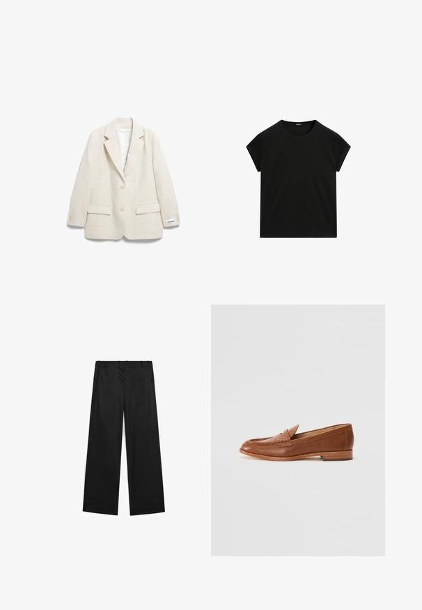 Beige linnblazer med snedknäppning, två framfickor och tre-knappsmuddar, med en etikett sydd på ärmen.; Svart kortärmad t-shirt med rund halsringning och rak fåll, visad liggande på en vit bakgrund.; Breda svarta byxor av bomullsmix, med en jämn yta, framfickor och minimala sömdetaljer.; Lauren Ralph Lauren WYNNIE - Slip-ins - deep saddle tan