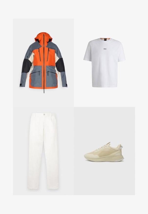 Huvjacka med paneler i orange, grått och svart. Vattentätt material med två fickor med dragkedja och svarta detaljer på ärmarna.; Vit bomull T-shirt med korta ärmar, med en svart "BOSS"-logotyp centrerad på bröstet och en rund nackdesign.; Vita byxor i ett mjukt tyg, med rak benform, framfickor och en enda knappstängning i midjan.; Ljust beiga träningsskor med en strukturerad överdel, meshpaneler och en tjock, räfflad sula. Har diskret märkning på sidan.