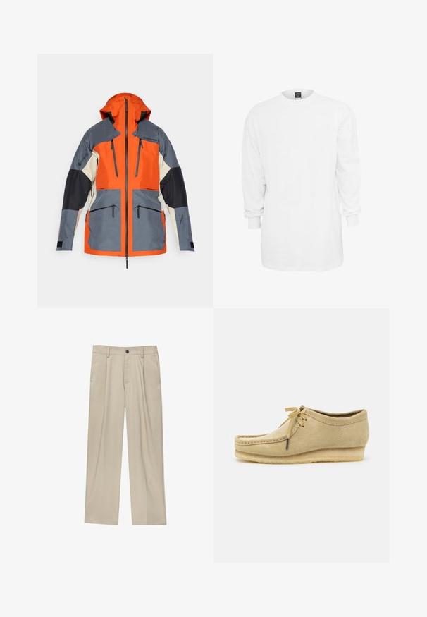 Hoody-jack met oranje, grijze en zwarte panelen. Waterdichte stof met twee ritszakken en zwarte accenten op de mouwen.; Witte katoenen t-shirt met lange mouwen, ronde hals, losse pasvorm en ribgebreide manchetten. Eenvoudig ontwerp, geen afbeeldingen of patronen.; Beige broek met een rechte snit, voorzien van een enkele zwarte knoop, riemlussen en zijzakken. Glad stoffen textuur en een minimalistisch ontwerp.; Beige suède schoen met een vetersluiting, gestikte details en een rubberen zool. De vorm is casual met een lichte sleehak.