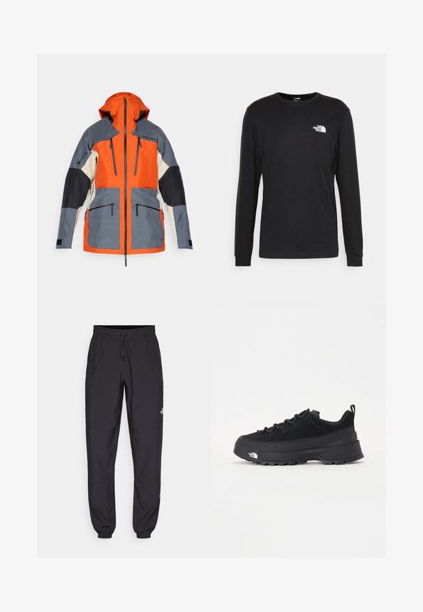 Chaqueta con capucha que presenta paneles en naranja, gris y negro. Material impermeable con dos bolsillos con cremallera y detalles en negro en las mangas.; Camiseta de manga larga negra hecha de algodón, con un logo blanco en el lado izquierdo del pecho y puños de canalé. Textura suave con un cuello redondo.; Pantalones deportivos negros hechos de un tejido ligero, con una cinturilla ajustable, bolsillos laterales y puños ajustados en los tobillos.; Zapatilla negra de exterior con parte superior de ante, suela de goma texturizada y un sólido sistema de cordones. Cuenta con un talón reforzado y el logotipo de la marca en el lateral.