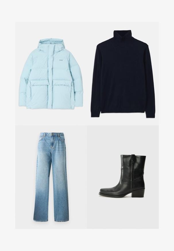 Világoskék párnázott kabát kapucnival, elülső cipzárral, két nagy elülső zsebbel és egy kis logóval a bal mellkason.; Kék garbó pulóver hosszú ujjal, puha kötött anyagból készült. Bordázott gallérral és mandzsettával rendelkezik, egyszerű dizájnja van, minta nélkül.; Világoskék farmernadrág laza fazonnal, egyenes lábakkal és diszkrét díszítéssel. Hagyományos öt zsebbel rendelkezik, valamint övhurkokkal.; Fekete bőr bokacsizma lekerekített orral, blokk sarkúval, oldalsó cipzárral és varrásos díszítéssel az elején. Simább textúra, klasszikus dizájn.