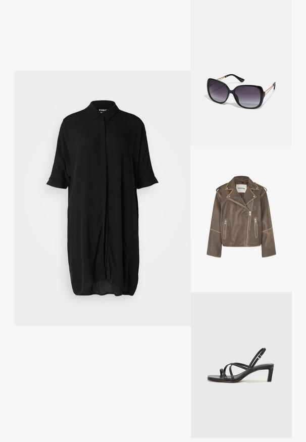 Hnědá kožená motocyklová bunda s klopovým límcem, asymetrickým zipem a dvěma předními kapsami na zip. Texturovaný povrch s akcenty na ramenou.; Černé šaty s krátkým rukávem vyrobené z lehkého materiálu. Mají límeček, zapínání na knoflíky vpředu a volný, prodloužený siluetu.; Černé sandály na tenkém podpatku se čtveratou špičkou a nízkým blokovým podpatkem. Mají několik tenkých popruhů a nastavitelné zapínání okolo kotníku. Vyrobeny z hladké kůže.; Černé oversized sluneční brýle se gradientními skly, silnými rámy a zlatými řetízkovými detaily na nožičkách.; Černá kožená crossbody taška s hladkým povrchem, obdélníkovým tvarem a kovovým řetízkem na přední straně. Součástí je nastavitelný popruh.
