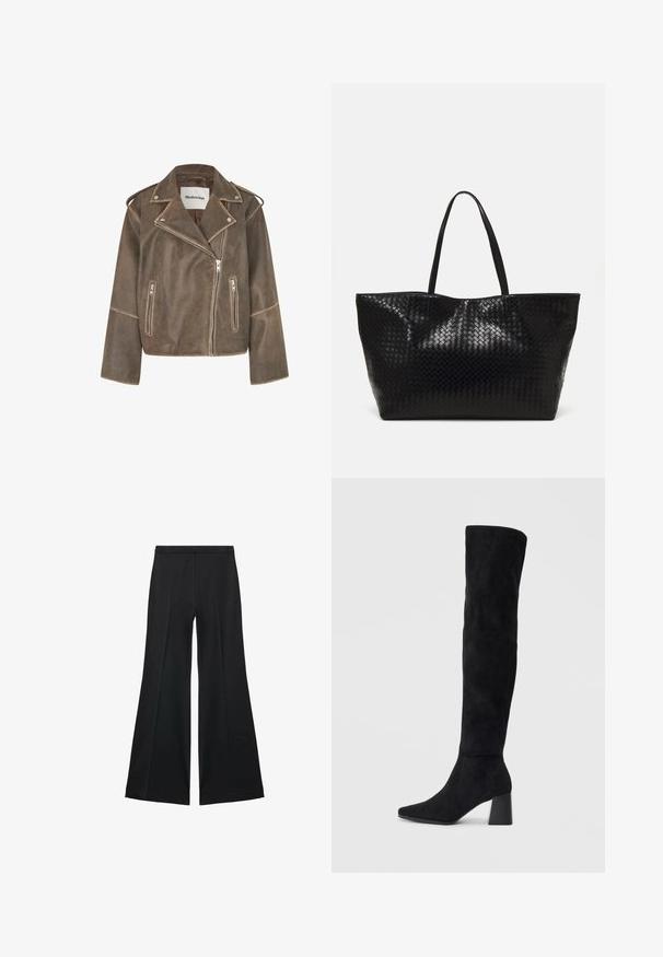 Ruskea nahkainen moottoripyörätakki, jossa on lovellinen kaulus, epäsymmetrinen vetoketju ja kaksi etu vetoketjullista taskua. Pintakuviointi ja hartioiden korostukset.; Valkoinen, pitkähihainen, ribbikuvioitu villapaita, jossa on hieman veneenmuotoinen kaula-aukko ja suora helma.; Mustat leveälahkeiset housut, joissa on sileä pinta, etupuolella laskokset ja muotolaskettu malli. Kangas on kevyttä ja laskeutuvaa.; Musta samettinen polvipitkä saapas, jossa on lohkarekorko, terävä nilkka ja sileä, saumatonta muotoilua tasaisella vaalealla taustalla.; Musta kudottu kassi, jossa on kaksi vankkaa kahvaa, näyttävästi kiiltävä rakenne ja tilava avoin yläosa.