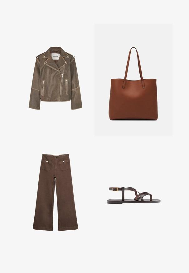 Veste de moto en cuir marron avec col cranté, fermeture éclair asymétrique et deux poches avant zippées. Finition texturée avec des accents aux épaules.; T-shirt marron à manches courtes en tissu doux, avec un col rond et une coupe décontractée. Aucun motif ni accent visible.; Pantalons larges marron en coton, dotés de deux poches avant avec des boutons argentés, et une texture lisse.; Sandale en cuir marron avec des brides entrecroisées, une fermeture à boucle à la cheville et une semelle plate avec des détails de couture minimaux.; Sac fourre-tout en cuir marron avec une texture lisse, design à ouverture supérieure et deux poignées pour le porter à l'épaule. Présente des coutures minimales et aucun matériel visible.