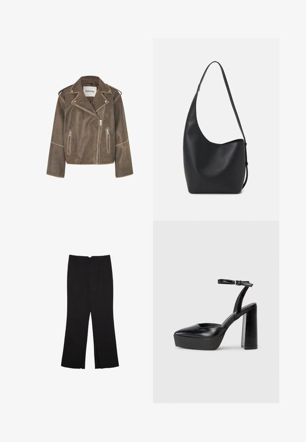 Veste de moto en cuir marron avec col cranté, fermeture éclair asymétrique et deux poches avant zippées. Finition texturée avec des accents aux épaules.; T-shirt noir à manches courtes en coton. Présente un col rond et une coupe ample avec une texture lisse et unie. Aucun motif ni accent visible.; Pantalon noir avec une coupe droite, doté de poches avant et d'éclairs sur l'ourlet. Fabriqué en tissu doux et lisse. Convient à diverses occasions.; Escarpins noirs à plateforme avec un bout pointu et une sangle réglable à la cheville. Conçus en cuir lisse, avec un large talon bloc.; Sac hobo en cuir noir avec une texture lisse, une forme incurvée et une seule sangle réglable ; dispose d'une large ouverture en haut.