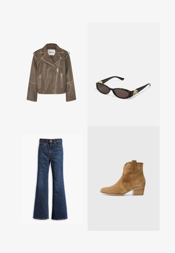 Brun lädermotorcykeljacka med korthals, asymmetrisk dragkedja och två framtida dragkedjefickor. Texturerad finish med axelaccenter.; Långärmad tröja med rund hals i mörkbrun, tillverkad av jersey-tyg. Har en figurnära design med slät textur och minimala söm detaljer.; Höga mörkblå denimjeans med utställda ben, frontknapp och dragkedjestängning samt femficksdesign.; Tan mockasin-ankelstövlar med spetsig tå, texturerat kantband vid kragen och en blockklack. Har en dragflik för enkel påtagning.; Sköldpaddsformade solglasögon med avlånga ovala linser, brunt toning, guldfärgade logotypdetaljer på skalmarna och slanka svarta skaft.; Brun faux mockasins toteväska med två robusta handtag, en strukturerad form och minimalistisk design, med subtila sömdekorationer.