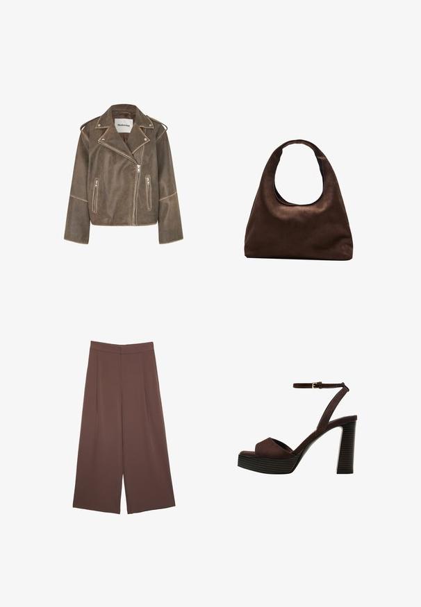 Smeđa kožna motoristička jakna koja ima izrezani ovratnik, asimetrični zatvarač i dva prednja džepa na zatvarač. Tekstura s akcentima na ramenima.; Smeđa pamučna majica kratkih rukava s dubokim V-izrezom. Jednostavan dizajn, mekana tekstura i ravni rub. Bez uzoraka ili naglasaka.; Smeđe hlače širokog kroja s glatkom teksturom, koje imaju visok struk i nabore sprijeda. Tkanina je lagana i slobodno se kreće.; Smeđe zamšaste sandale s visokim potpeticama, otvorenim prstima, podesivom trakicom oko gležnja i prugastom platformom.; Meka mekana smeđa torba hobo stila s jednim širokim remenom i zakrivljenim otvaranjem na vrhu, prikazana na bijeloj pozadini.
