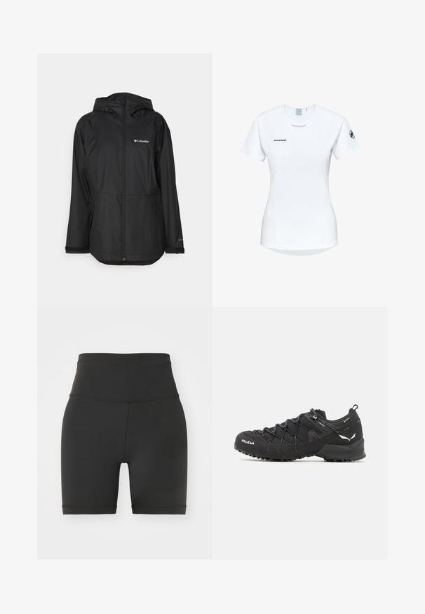 Schwarze wasserdichte Jacke mit Kapuze, Reißverschluss, seitlichen Taschen und einem Logo auf der linken Brust. Glatte Textur und leichtes Design.; Kurzärmliges weißes Sportshirt mit Rundhalsausschnitt, das ein Logo auf der Brust und eine glatte, leichte Stofftextur aufweist.; Schwarze Radshorts mit hoher Taille aus dehnbarem Stoff, die eine glatte Textur, eine enganliegende Passform und gesäumte Kanten bieten. Keine sichtbaren Muster oder Akzente.; Schwarze Wanderschuhe mit einem strukturierten Obermaterial aus Stoff, Schnürsystem und robuster Gummisohle. Akzentuiert mit reflektierenden Details und Logos.