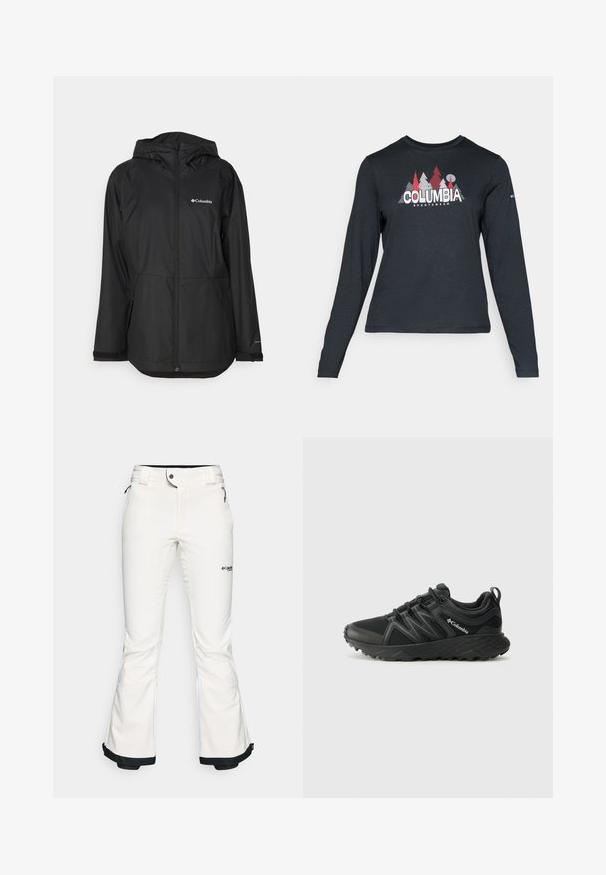 Fekete vízálló dzseki kapucnival, cipzáros záródással, oldal zsebekkel és logóval a bal mellen. Simaszerű textúrával és könnyű kialakítással.; Hosszú ujjú, sötétszürke ing piros fákkal és hegyekkel díszítve; a "COLUMBIA" logó vastag fehér betűkkel. Puha anyag, klasszikus kerek nyakkivágás.; Fehér sínadrág, puha, rugalmas anyagból készült. Jellemzője az illeszkedő derék, széles, trapéz szabású lábszárak és fekete díszítés a mandzsettán. A márka logója látható.; Columbia PEAKFREAK - Túracipők - black