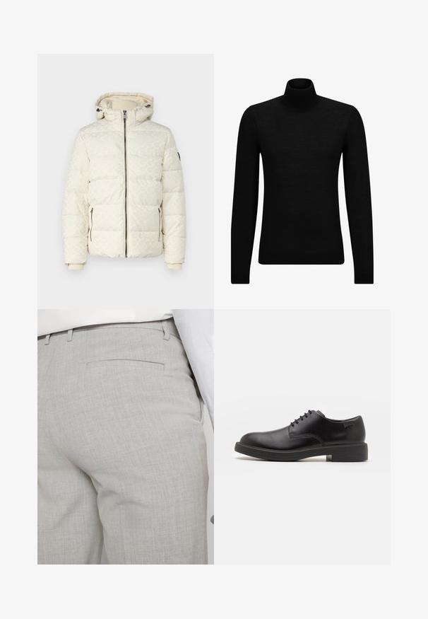 Guess MONOGRAM - Giacca invernale - quicksand; Maglione a collo alto nero realizzato in materiale morbido, con maniche lunghe e vestibilità aderente. Bordo a coste all'orlo e ai polsini. Design semplice.; Pantaloni sartoriali grigio chiaro realizzati in tessuto strutturato, con una tasca posteriore singola e cuciture pulite.; Scarpa nera in pelle con lacci, punta tonda, texture liscia, cuciture minime e tacco in gomma basso. Logo sul tacco.