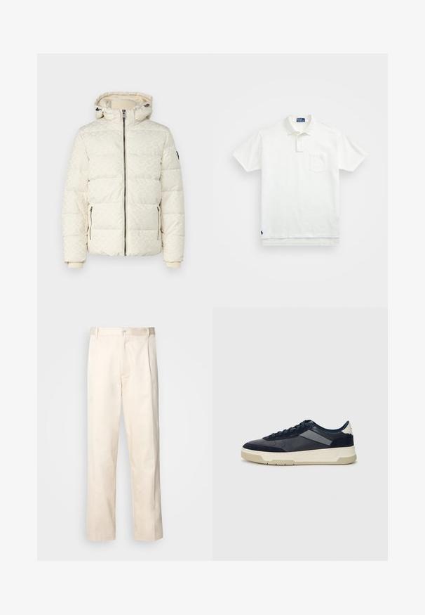 Guess MONOGRAM - Jachetă de iarnă - quicksand; Cămașă polo albă din bumbac, cu un guler clasic, placket cu trei nasturi și un buzunar pe pieptul stâng; logo mic pe tiv.; Pantaloni din bumbac bej, cu croială dreaptă, dotati cu închidere cu nasture și pliuri în față pentru un plus de detaliu.; BOSS BALTIMORE - Sneakers low - open blue