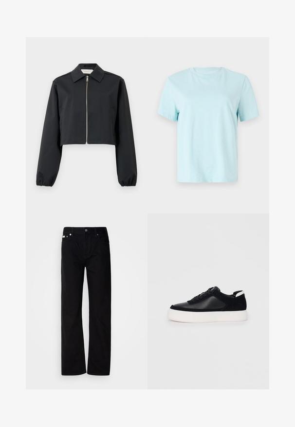 Črna kratica jakna iz gladkega blaga, z ovratnikom, sprednjim zadrgo in elastičnimi zapestji. Enostaven dizajn brez vzorcev.; Svjetloplavi pamučni majica s kratkim rukavima, okruglim izrezom i suptilnim vezom 'Calvin Klein' na prednjoj strani.; Črne jeanske hlače ravnega kroja s petimi žepi, srebrnimi zakovicami in gumbom za zapiranje. Tkanina ima gladko, rahlo strukturirano površino.; Črne športne copate z gladko usnjeno in semišnimi paneli, ravnimi vezalkami, zaobljenim nosom in belim gumijastim podplatom. Oznaka na peti.