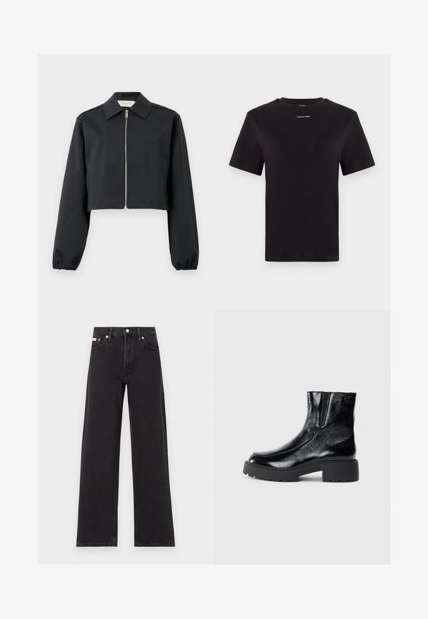 Black cropped jacket made of smooth fabric, featuring a collar, front zip closure, and elasticized cuffs. Simple design with no patterns.; Black cotton t-shirt with short sleeves, crew neck, and small white "Calvin Klein" logo at the chest. Smooth texture, classic fit.; Black wide-leg jeans made of denim, featuring a high-rise waist, five-pocket styling, and a metal button closure with contrasting stitching.; Black ankle boots with a glossy patent leather finish, chunky black rubber sole, and raised heel; includes subtle logo detail on the side.