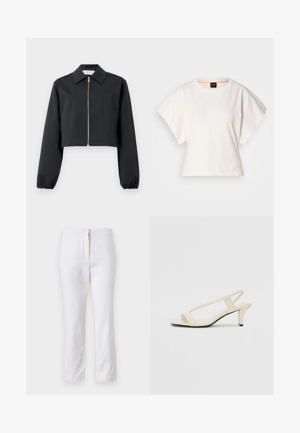 Chaqueta negra cortada hecha de tela suave, con cuello, cierre frontal con cremallera y puños elásticos. Diseño sencillo sin patrones.; Camiseta blanca recortada, con mangas cortas y anchas, material de algodón suave, cuello redondo con un sutil ribete naranja, diseño minimalista, sin patrones ni gráficos.; Pantalones de algodón blancos con un diseño de pierna recta, que cuentan con una cintura de media altura y sin herrajes o patrones visibles. Textura suave en todo su recorrido.; Sandalias de tacón cuadrado en color beige con tiras delgadas y punta cuadrada. Material suave con un diseño minimalista, diseñado para facilitar su uso.