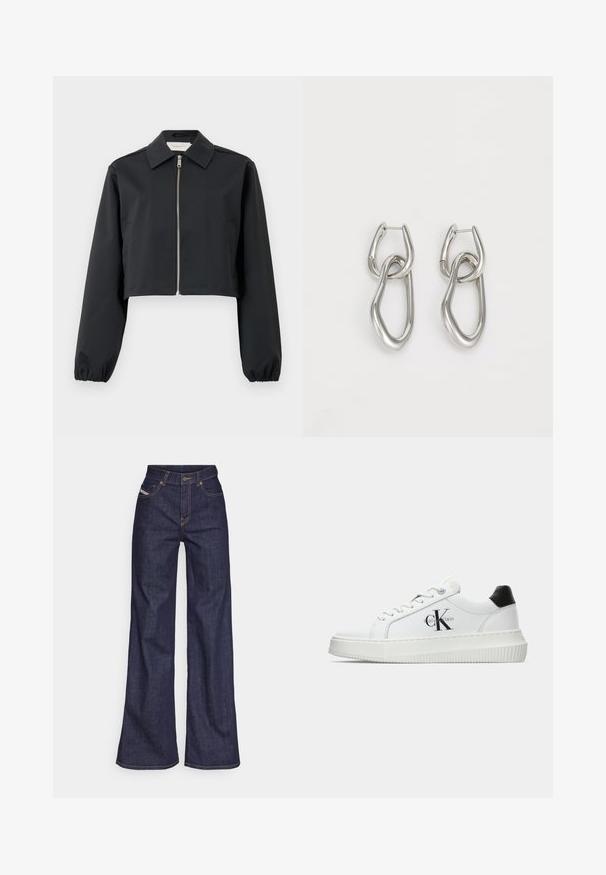 Czarna krótka kurtka z gładkiego materiału, z kołnierzem, zamkiem błyskawicznym z przodu oraz elastycznymi mankietami. Prosty design bez wzorów.; Biała koszulka z krótkim rękawem wykonana z bawełny. Posiada okrągły dekolt oraz gładką teksturę, z minimalnie widocznym ściegiem przy dolnym wykończeniu.; Ciemnoniebieskie dżinsy szerokie w nogawkach wykonane z denimu, z wysokim stanem, z pomarańczowymi przeszyciami, pięcioma kieszeniami i zapięciem na guzik.; Białe sneakersy typu low-top z czarnym paskiem na pięcie, platformą, sznurowadłami i logo "CK" marki Calvin Klein na boku.; Calvin Klein - Kolczyki