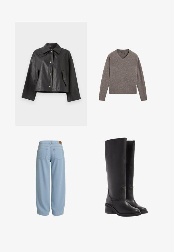 Czarna krótka kurtka z fakturowanej skóry z ostrym kołnierzem, z przodu zapinana na zatrzask oraz z bocznymi kieszeniami. Posiada złote akcenty metalowe.; Szary, dziany sweter z dekoltem w serek i długim rękawem, z prążkowanymi mankietami i dołem, wyłożony na białym tle.; Szara bawełniana koszulka z krótkim rękawem i okrągłym dekoltem. Gładka faktura, klasyczny krój, brak widocznych wzorów lub zdobień.; Jasnoniebieskie dżinsy o luźnym kroju, z dwiema tylnymi kieszeniami, paskiem z brązową skórzaną łatą i zwężanymi nogawkami.; Czarne skórzane kozaki do kolan o gładkiej fakturze, zaokrąglonym nosku i masywnym obcasie. Posiadają subtelne przeszycia i elegancki kształt.