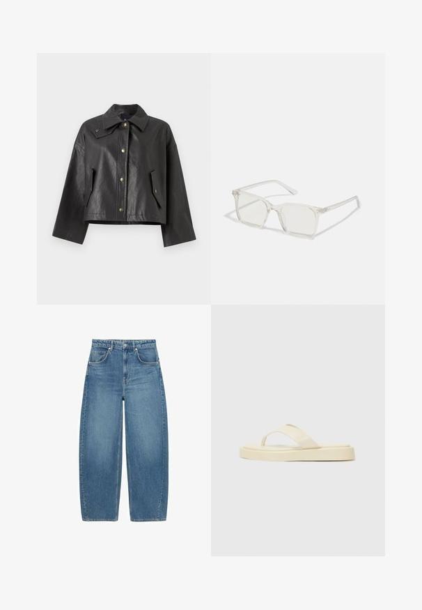 Czarna krótka kurtka z fakturowanej skóry z ostrym kołnierzem, z przodu zapinana na zatrzask oraz z bocznymi kieszeniami. Posiada złote akcenty metalowe.; Biała bawełniana koszulka z krótkim rękawem, z luźnym krojem, z centralnym motywem różowego babeczka z wisienką na górze.; Niebieskie dżinsy z wysokim stanem, szerokie nogawki, z przednimi kieszeniami i zapięciem na guzik, wyeksponowane na białym tle.; Płaskie klapki w jasnym żółtym kolorze. Wykonane z gładkiej gumy z dwoma ukośnymi paskami i grubą podeszwą dla komfortu i trwałości.; Przezroczyste, kwadratowe okulary z plastiku z półprzezroczystymi soczewkami, z złotymi akcentami na zausznikach dla dodatkowego wykończenia.; Brązowa skórzana torba typu tote o miękkiej fakturze, z przestronnym wnętrzem i pojedynczym paskiem. Noszona z niebieską kurtką dżinsową.