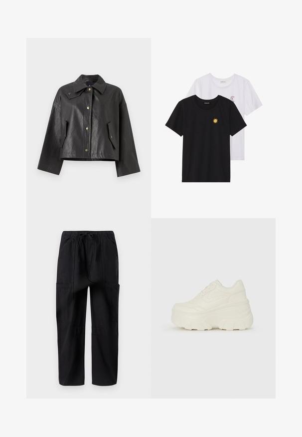 Crna skraćena jakna od teksturirane kože s iskošenim ovratnikom, prednjim kopčanjem na gumbe i bočnim džepovima. Ima akcentne detalje od zlatne boje.; Crne i bijele majice, okrugli izrez, kratki rukavi. Crna majica ima žuti vez suncem; bijela majica ima ljubičasti naglasak u obliku polumjeseca.; Crne platnene cargo hlače s opuštenim krojem, koje imaju elastičnu struk i više bočnih džepova za dodatnu funkcionalnost.; Bijele platformske tenisice s glatkim gornjim dijelom koji nalikuje koži, zaobljenim oblikom, podstavljenim okvirom i teksturiranim gumeni potplat s definiranom profilacijom.