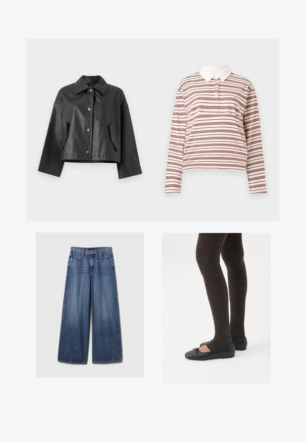 Veste noire cropped en cuir texturé avec un col pointu, fermeture à pression à l'avant et poches latérales. Dotée d'accents en métal doré.; Polo à manches longues en crème avec de fines rayures bordeaux, présentant un col classique et une patte de boutonnage à trois boutons, fabriqué en tissu doux.; Jean en denim bleu à jambes larges avec une finition délavée, doté d'une fermeture à bouton et à glissière, de cinq poches et de passants de ceinture.; Chaussures plates noires avec un petit nœud au niveau des orteils, associées à des collants côtelés marron foncé. Les chaussures ont une texture lisse et un profil bas.