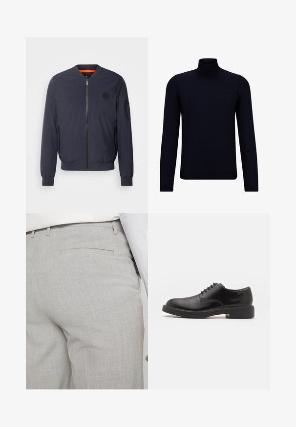 Marineblaue Bomberjacke mit runder Kragen, Vorderreißverschluss, Seitentaschen, gerippten Bündchen und orangefarbigem Innenfutter. Mit einem Logo auf der Brust.; Dunkelblauer Rollkragenpullover aus feinem Strickmaterial, mit langen Ärmeln und einem taillierten, hohen Kragen. Keine sichtbaren Muster oder Akzente.; Hellgraue, maßgeschneiderte Hose aus strukturiertem Stoff, mit einer einzelnen Gesäßtasche und sauberer Nahtführung.; Schwarzer Leder-Schnürschuh mit abgerundetem Zeh, glatter Textur, minimaler Naht und niedrigem Gummiabsatz. Logo auf der Ferse.