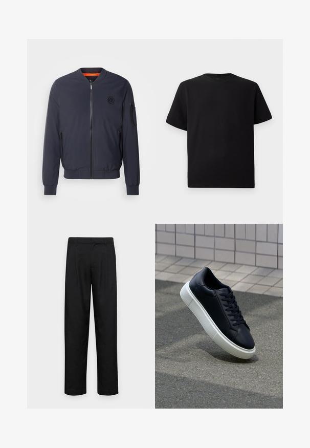 Kék bomber dzseki kerek gallérral, elülső cipzárral, oldalsó zsebekkel, bordás mandzsettákkal és narancssárga béléssel. Az elején logó található.; Fekete, rövid ujjú póló texturált anyagból, kerek nyakkivágással és laza fazonnal. Egyszerű, minta és díszítés nélkül.; Fekete nadrág sima anyagból, egyenes szárú fazonnal, két elülső redővel és közönséges derékkal, övhurkokkal.; Fekete bőr sportcipő lekerekített orral és fehér gumitalppal. Lapos fűzőkkel és minimális varrásokkal rendelkezik a felsőrészén. Mintás talp a tapadásért.