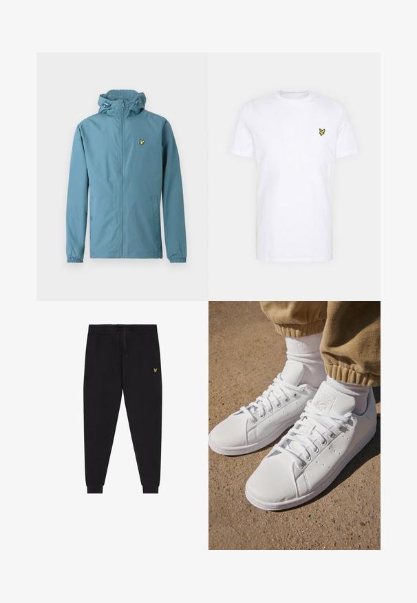 Lichtblauwe jas met een ritssluiting aan de voorkant, elastische manchetten, een capuchon met trekkoord en een klein geel logo op de linkerborst. Zacht, gladde stof.; Witte katoenen T-shirt met een klein zwart en geel geborduurd logo op de linkerborst. Korte mouwen en een ronde hals.; Zwarte joggingsbroek met elastische taille en trekkoord, taps toelopende pijpen met boorden en een klein geel geborduurd logo op de rechterdij.; Witte leren sneakers met een gladde oppervlakte, met een klassieke vetersluiting, perforaties voor ademend vermogen en een gestructureerde rubberen buitenzool.