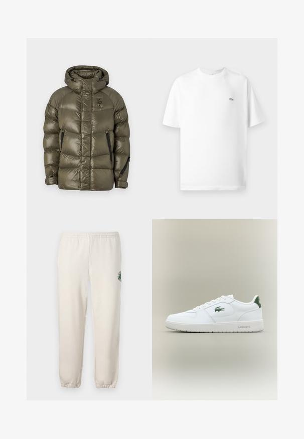 Blauer CROWN - Giacca invernale - olive; T-shirt di cotone bianco con collo rotondo e maniche corte. Presenta un piccolo logo Lacoste nero sul lato sinistro del petto.; Pantaloni della tuta color beige chiaro in cotone, con vita elastica, polsini a coste e un logo verde con design a foglia sulla gamba sinistra.; Sneaker bianco in pelle con una finitura liscia, dettagli verdi sul tallone e un logo verde sul lato. Presenta una suola piatta e una punta rotonda.