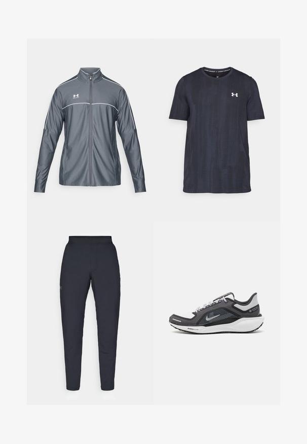 Chaqueta deportiva gris con cierre frontal, cuello alto, acentos blancos a lo largo de los hombros y mangas largas. Fabricada con un material suave y elástico.; Camiseta de manga corta en navy oscuro, hecha de tejido transpirable, con un patrón texturizado y un logo blanco de Under Armour en el pecho.; Pantalones deportivos negros con una textura suave, corte ajustado, cinturilla elástica y bolsillos laterales. Presentan un pequeño logo en el muslo izquierdo.; Zapatilla deportiva negro y gris con parte superior de malla, acentos reflectantes y una entresuela blanca. Presenta una suela de goma texturizada y cordones.