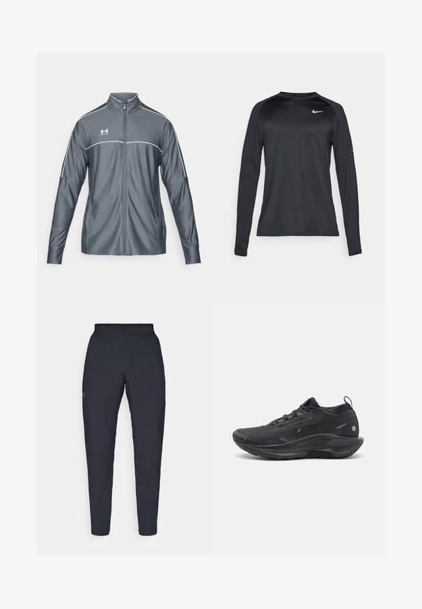 Hallhallane spordijakk, millel on luku ees, kõrge krae, valged aktsendid õlgadel ja pikad varrukad. Valmistatud siledast, venivast materjalist.; Pikem varrukaga must spordipool, mis on valmistatud siledast ja venivast materjalist. Omab peent tekstuurilist mustrit ja väikest valget logo rinnal.; Mustad mustreid spordipüksid, millel on sile tekstuur, kitsas lõige, elastne vöökoht ja küljetaskud. Vasakule reiele on tikandatud väike logo.; Mustvalgus mustad spordijalatsid, millel on tekstuuriga võrkkangas, integreeritud paelad ja pehme tald. Sisaldab peent brändingut ja kandmiskandikut.