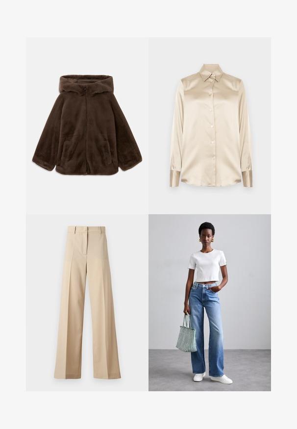 Καφέ ψεύτικο γούνα μπουφάν με κουκούλα, φερμουάρ μπροστά και πλαϊνές τσέπες, τοποθετημένο επίπεδα σε λευκό φόντο.; Μπεζ σατέν πουκάμισο με μυτερό γιακά, μακρύ μανίκι, κλείσιμο με κουμπιά και μανσέτες σε ελαφρώς πιο γυαλιστερή φινίρισμα. Χωρίς σχέδια ή διακοσμήσεις.; Μπεζ παντελόνια σε ίσια γραμμή από λείο ύφασμα, με επίπεδο μπροστινό μέρος και πτυχώσεις, φερμουάρ και θηλιές ζώνης. Συνολικά κομψή γραμμή.; Λευκό ραβδωτό κοντομάνικο μπλουζάκι, ανοιχτό γαλάζιο παντελόνι σε φαρδιά γραμμή και λευκά αθλητικά παπούτσια. Κρατάει μια πράσινη και λευκή ριγέ τσάντα.