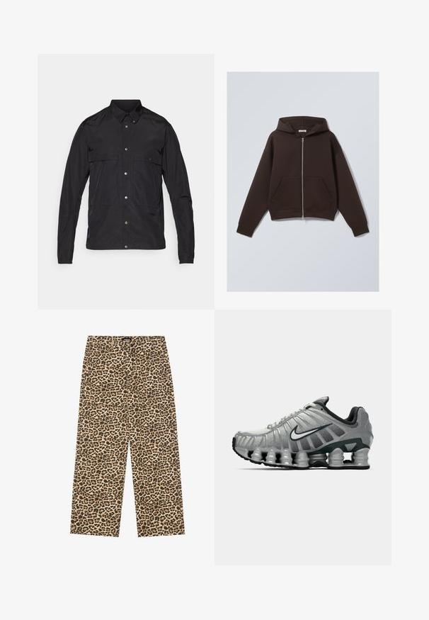 Zwarte jas van lichtgewicht materiaal met een knoopsluiting aan de voorkant, een puntige kraag en twee voorzakken. Soepele textuur, minimalistisch ontwerp.; Bruine zip-up hoodie gemaakt van een zachte katoenmix, met een ruime capuchon, voorzakken en ribgebreide manchetten en zoom.; Witte katoenen mouwloze tanktop met een ronde halslijn, met een gladde textuur en een aansluitende pasvorm, ontworpen voor casual gebruik.; YOURTURN UNISEX - Relaxed fit jeans - beige/black; Grijze en zwarte Nike hardloopschoen met zichtbare veerachtige demping onder de zool en een wit swoosh-logo aan de zijkant.